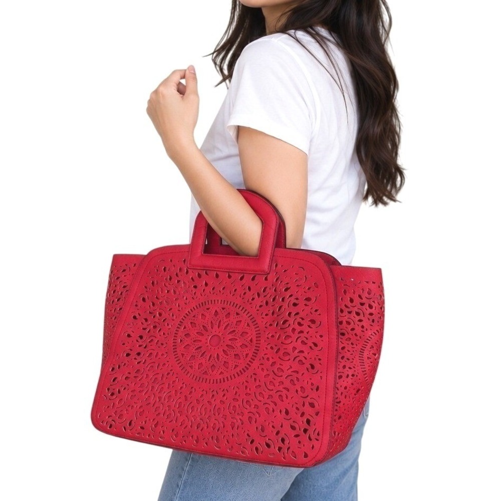 Melie Bianco Red Laser Cut Vegan Leather Summer Bag Tote Removable Pouch